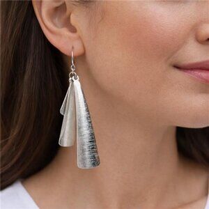 Premier Designs Silver Tone Layered Drop Earrings 2" Hook Modern Statement